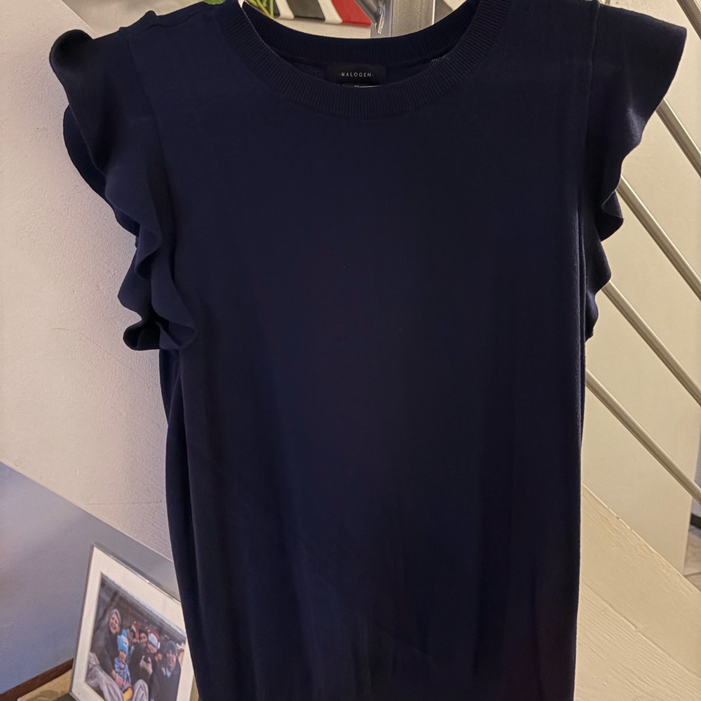 Halogen Navy Ruffled Sleeve Blouse